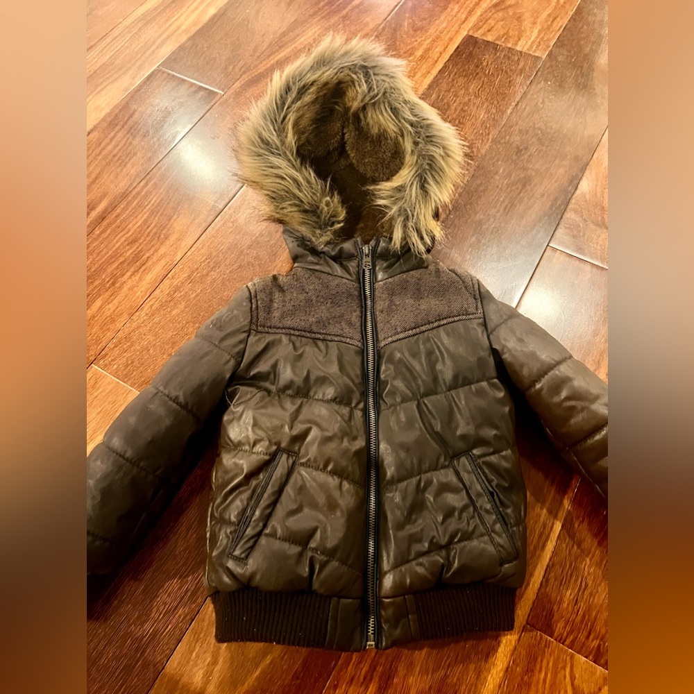 Zara kids Jacket Faux learher with faux fur hoodie - Boys 5 - Brown